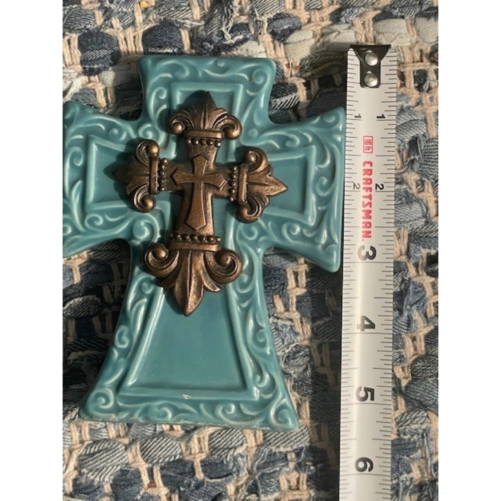 Fleur de Lis Cross Tabletop Decor Teal & Bronze Tone Accent Religious Gift